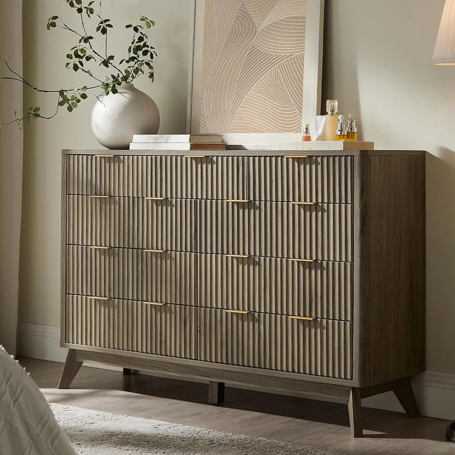 Fluted Six Drawer Dresser With Faux Marble Top