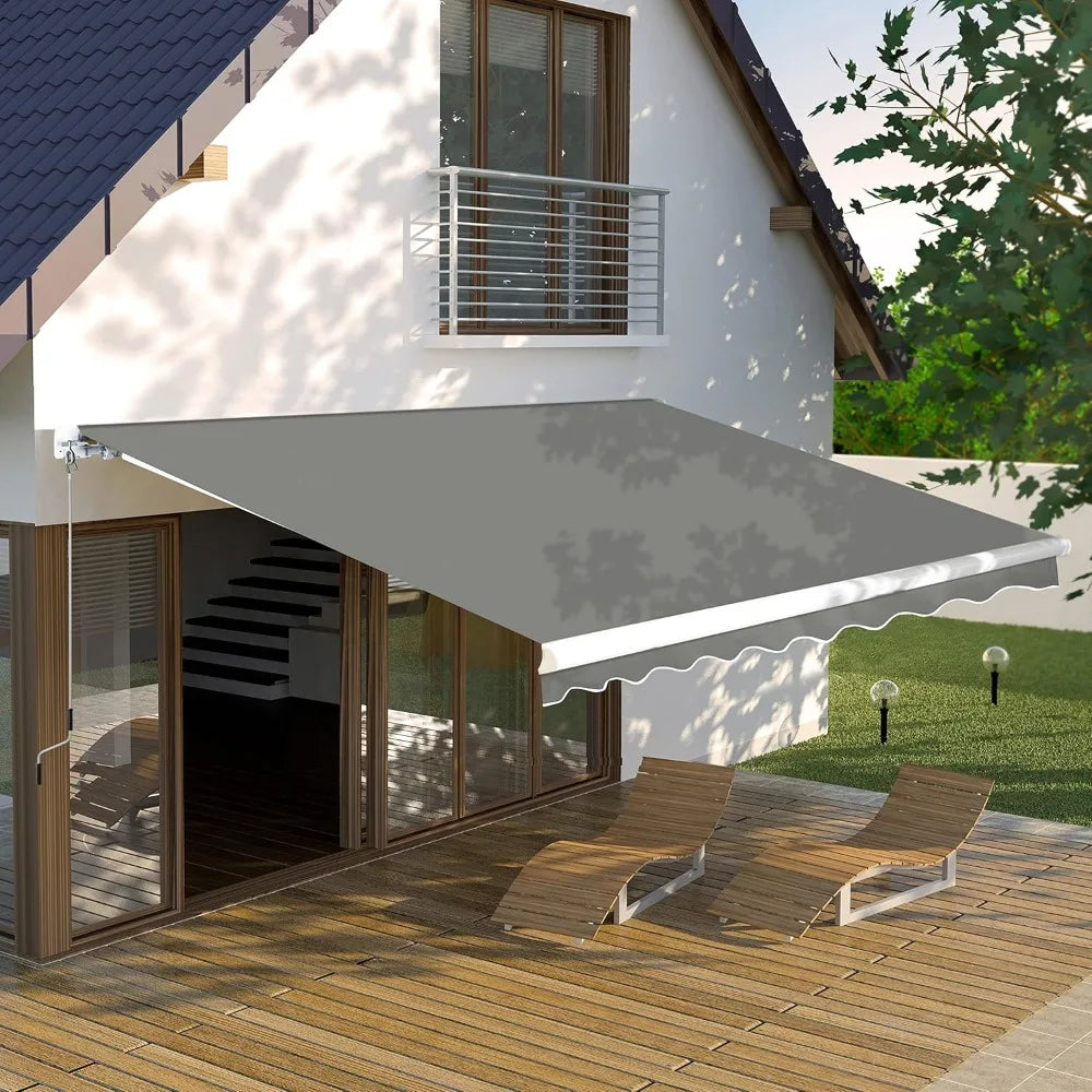 12x10 FT Manual Retractable Outdoor Patio Awning, Window Sun Shade Shelter with Crank Handle & Canopy for Deck, Backyard