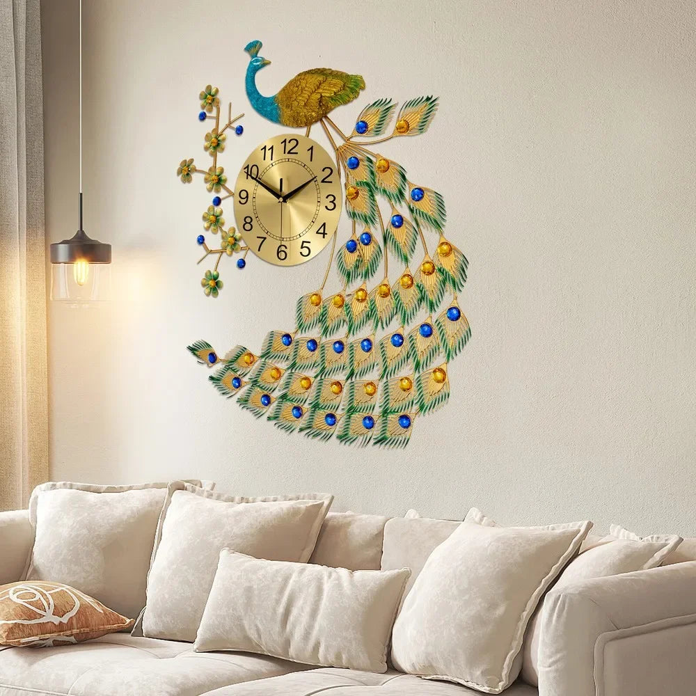Peacock Metal Wall Clock Luxury Living Room Decor Gift