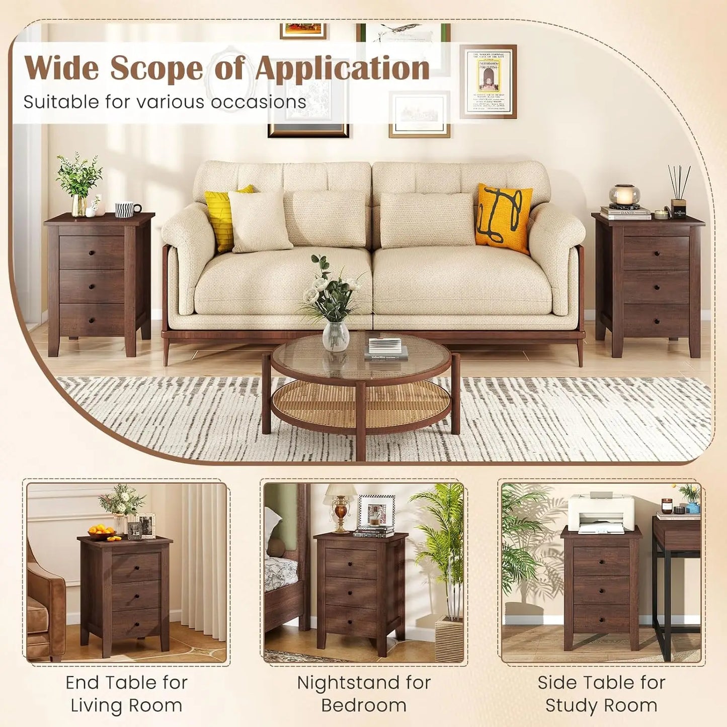 Set Of 2 Wood Nightstands With 3 Drawers And Storage