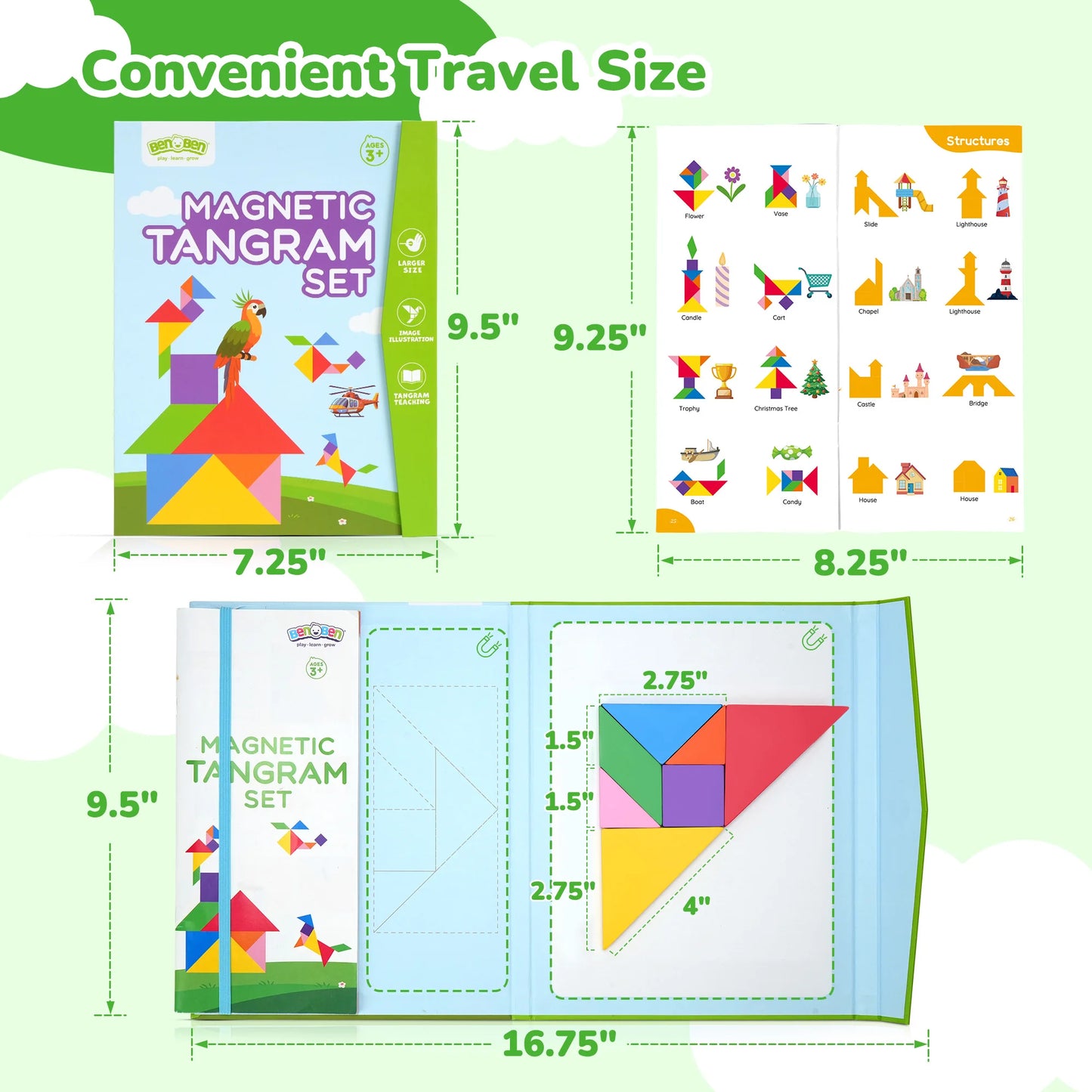 1Set Wooden Magnetic Tangram Puzzle Book Educational Toys For Children Baby Kid Portable Montessori Learning Intelligence Gifts