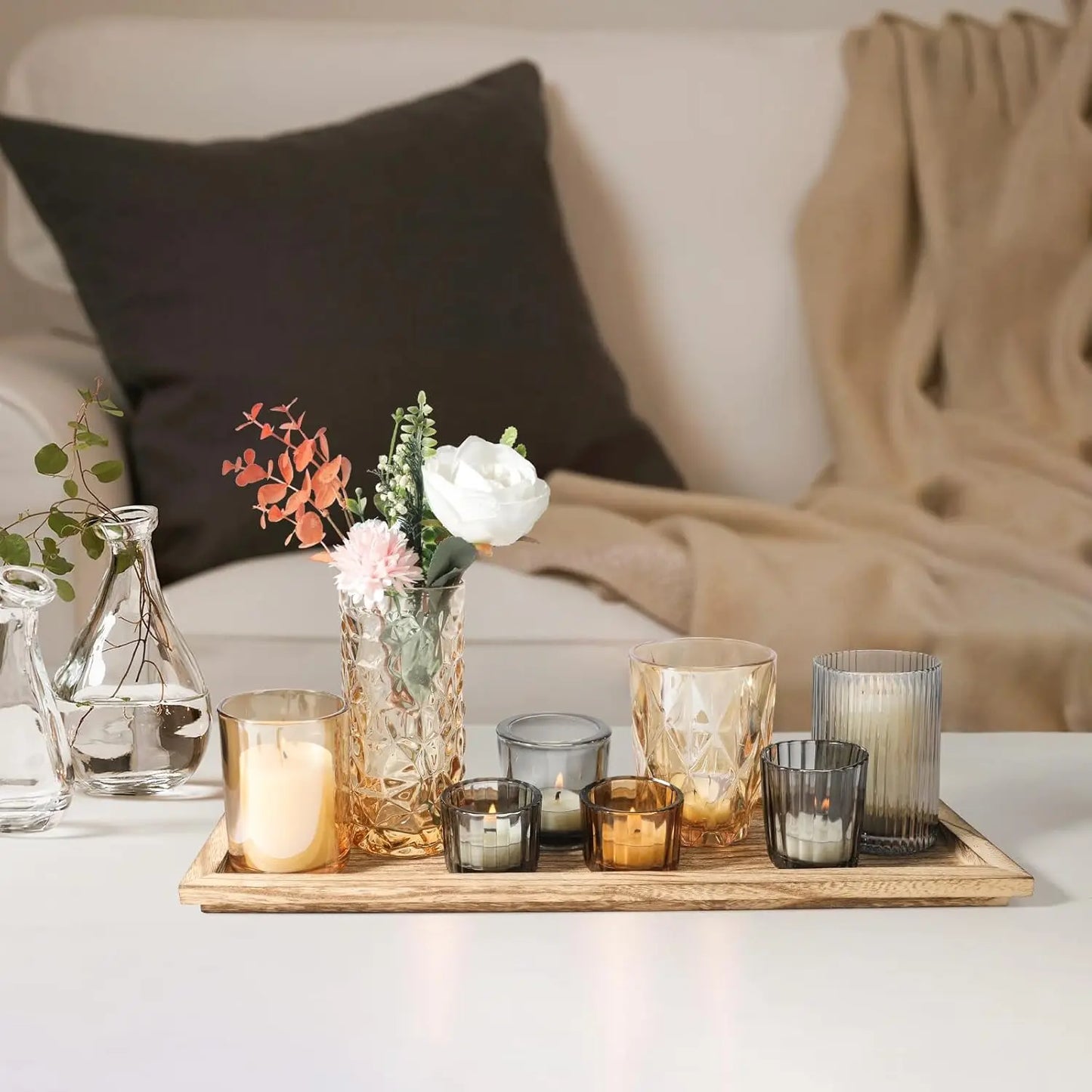 Rustic Wooden Tray with 8 Brown Glass Votive Candle Holders, Decorative Set for Mantel and Dining Table