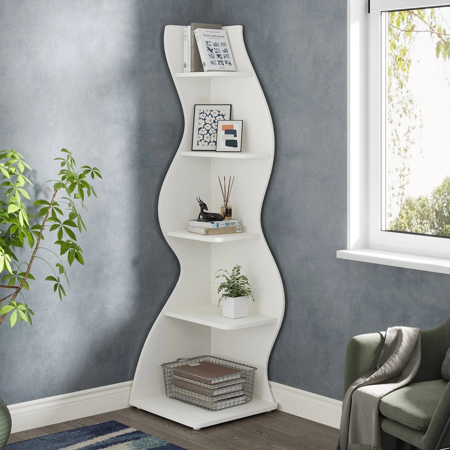 Tribesigns Corner Shelf 5 Tier Wall Bookshelf and Plant Stand