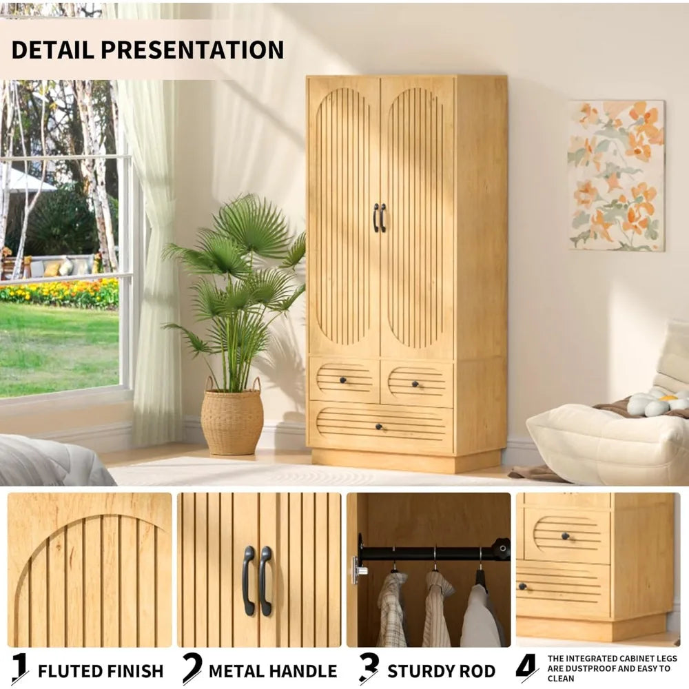 Large Wood Armoire Wardrobe Closet with Doors Fluted Design 3 Drawers Tall Clothing Storage Cabinet for Bedroom ，Customized