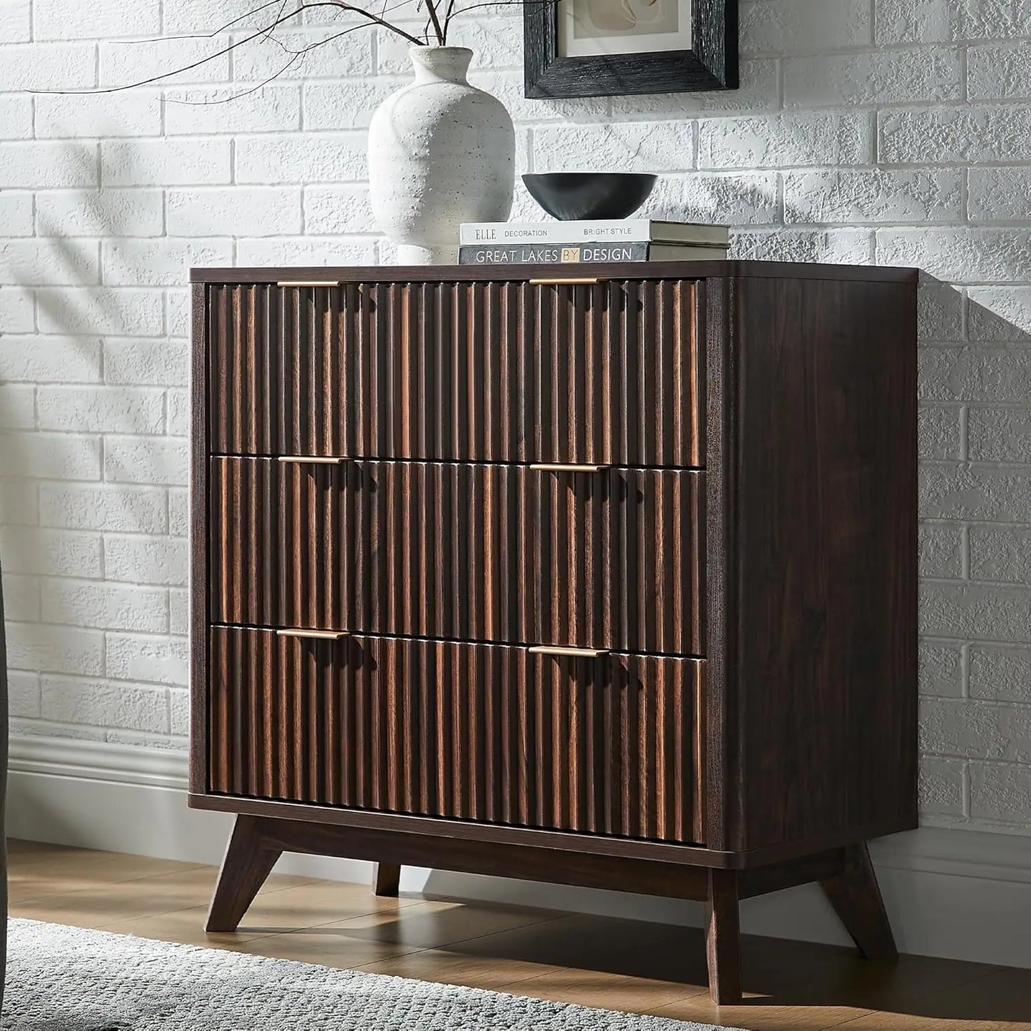 Fluted Six Drawer Dresser With Faux Marble Top