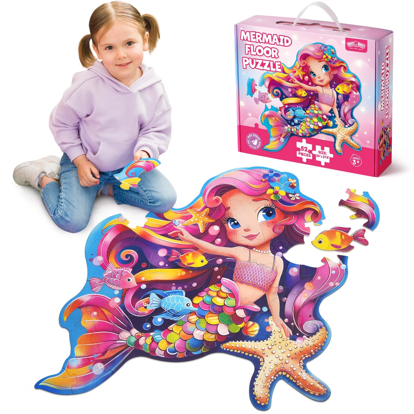 Floor Puzzles for Kids Toddlers Ages 4-6, 52 Piece Mermaid Puzzle, Mermaid Toys, Christmas Birthday Gift for Girls Boys